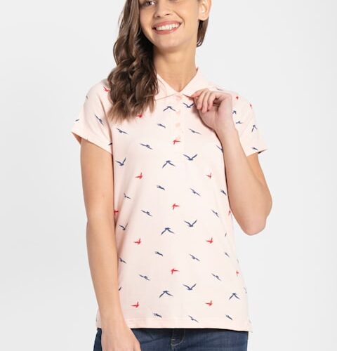 Women's Super Combed Cotton Elastane Stretch Pique Fabric Regular Fit Printed Half Sleeve Polo T-Shirt (#UL34)