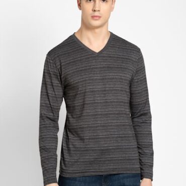 Men's Super Combed Cotton Rich Striped V Neck Full Sleeve T-Shirt AM53