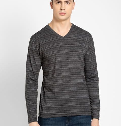 Men's Super Combed Cotton Rich Striped V Neck Full Sleeve T-Shirt AM53