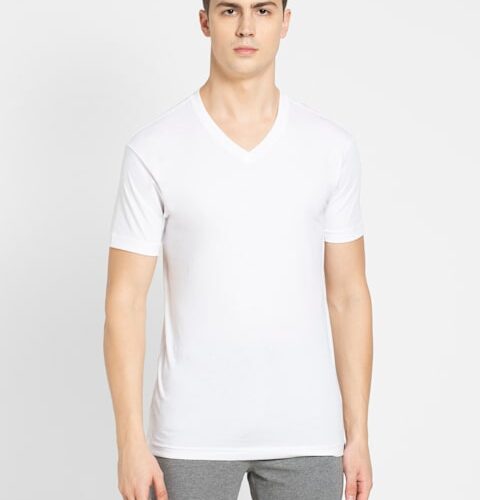 Men's Super Combed Cotton Rich Solid V Neck Half Sleeve T-Shirt # 2726 - S, White