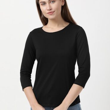 Women Super Combed Cotton Rich Relaxed Fit Solid Round Neck Three Quarter Sleeve T-Shirt # A100