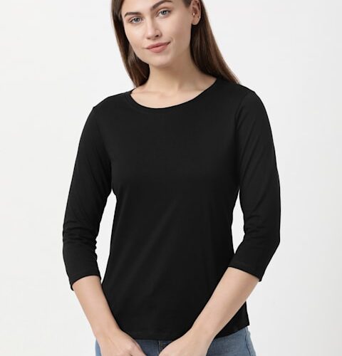 Women Super Combed Cotton Rich Relaxed Fit Solid Round Neck Three Quarter Sleeve T-Shirt # A100