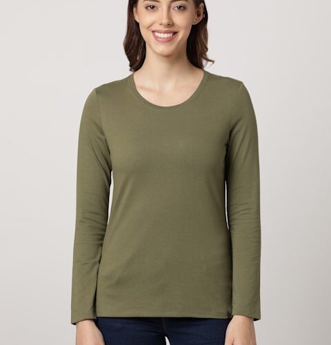 Women Super Combed Cotton Rich Relaxed Fit Solid Round Neck Full Sleeve T-Shirt#A140