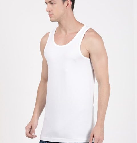 Men's Super Combed Cotton Round Neck Sleeveless Vest with Extended Length for Easy Tuck - White - 8820