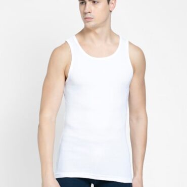 Men's Super Combed Cotton Rib Round Neck Sleeveless Vest with Stay Fresh Properties - White - 8823