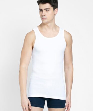 Men's Super Combed Cotton Rib Round Neck Sleeveless Vest with Stay Fresh Properties - White - 8823