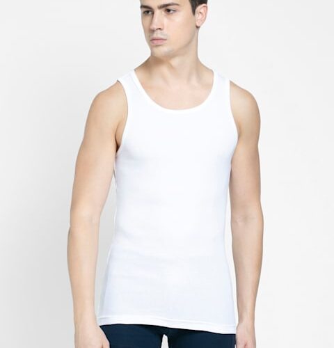 Men's Super Combed Cotton Rib Round Neck Sleeveless Vest with Stay Fresh Properties - White - 8823
